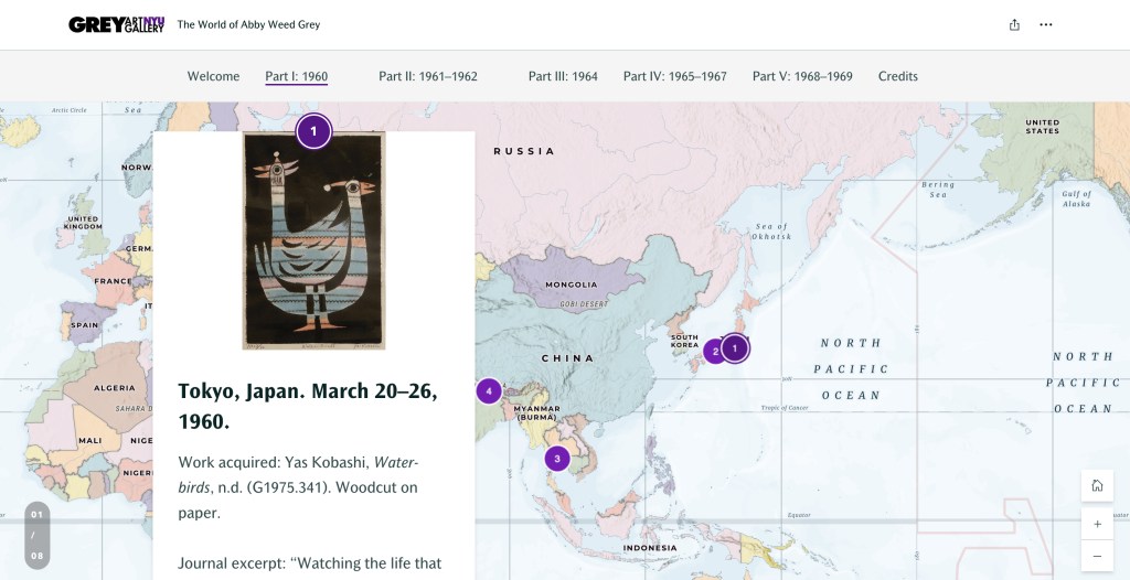 A screenshot of a digital story map titled 'The World of Abby Weed Grey.' The map highlights locations in Asia, including Japan, South Korea, Myanmar, and others, with numbered markers. A pop-up window shows details about a work acquired in Tokyo, Japan, during March 20–26, 1960: 'Water-birds,' a woodcut on paper by Yas Kobashi. 